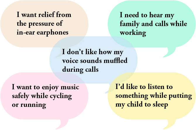 I want relief from the pressure of in-ear earphones | I need to hear my family and calls while working | I don’t like how my voice sounds muffled during calls | I want to enjoy music safely while cycling or running | I’d like to listen to something while putting my child to sleep